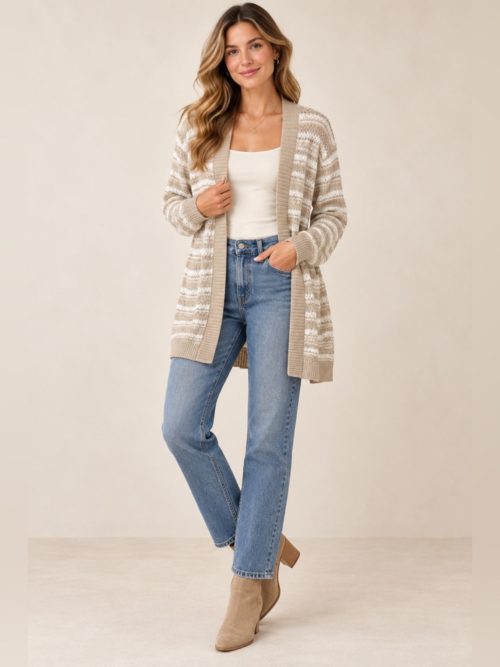 Jones New York Cardigan Women’s L Beige Ivory Open Knit Long NWT